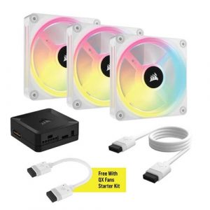 Corsair ICUE Link QX120 RGB White 120mm PWM Cabinet Fan Starter Kit With ICUE Link System Hub (Triple Pack) CO-9051006-WW
