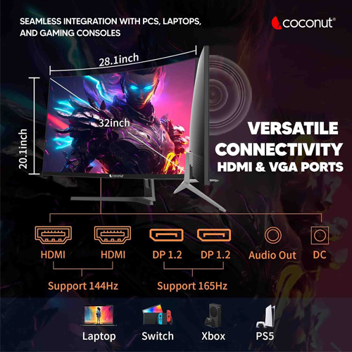 Coconut 32XC 32 Inch 180Hz CCurved QHD Frameless LED Monitor