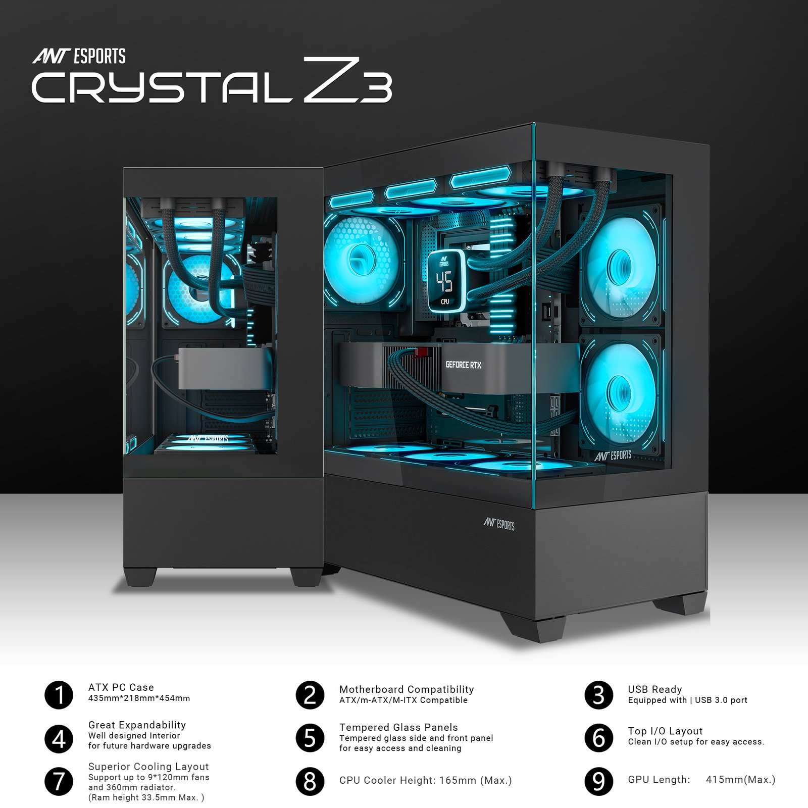 Ant Esports Crystal Z3 ARGB (ATX) Mid Tower Cabinet (Black)