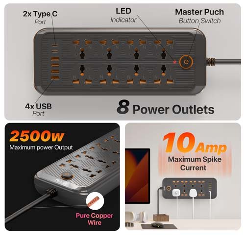 EVM 8 Power Outlets 4 x USB Port 2 x Type-C Port 3 Meter Surge Protector EVM-EnSurge-03