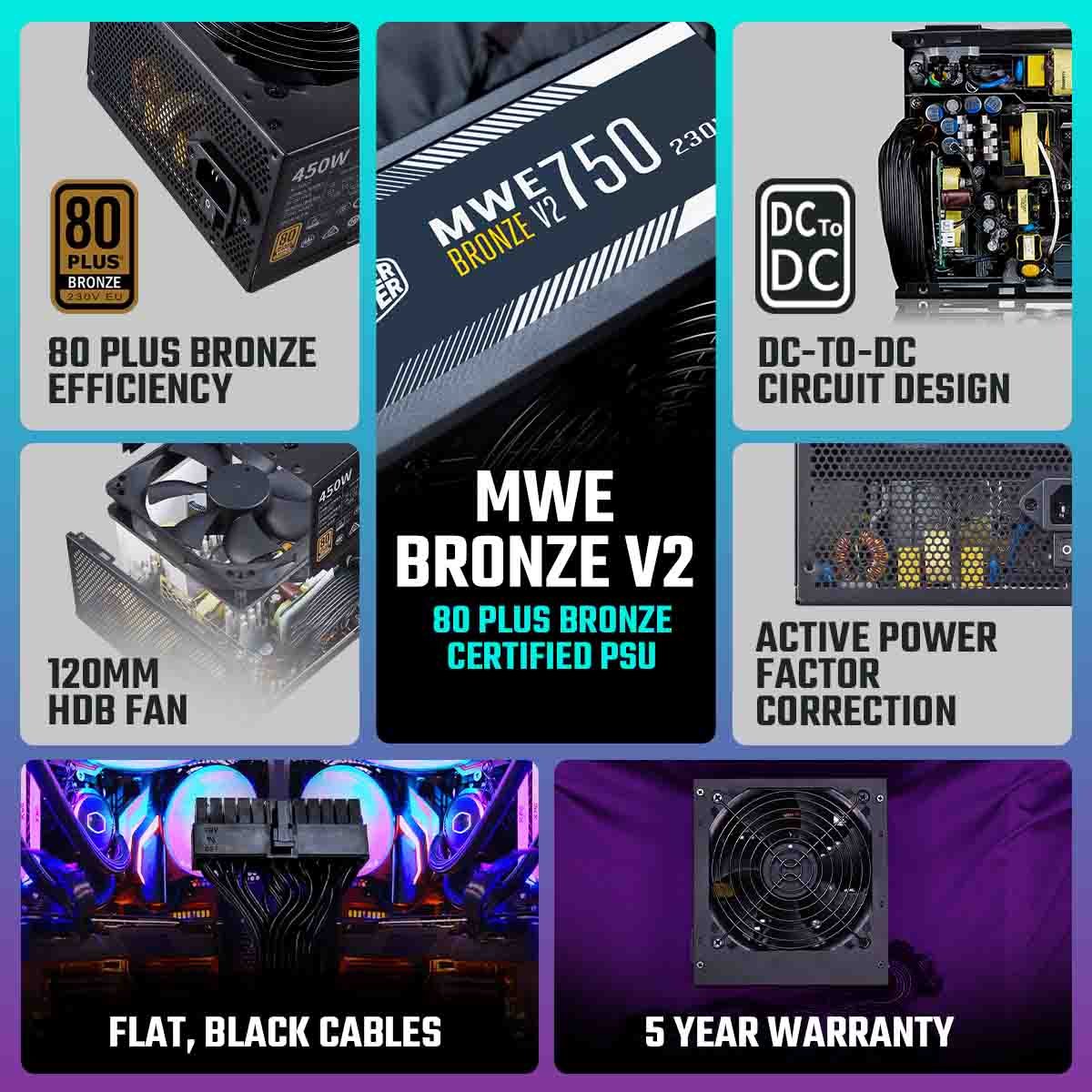 Cooler Master MWE 750 Bronze V2 80 Plus Bronze 750W Non Modular Power Supply MPE-7501-ACABW-BIN
