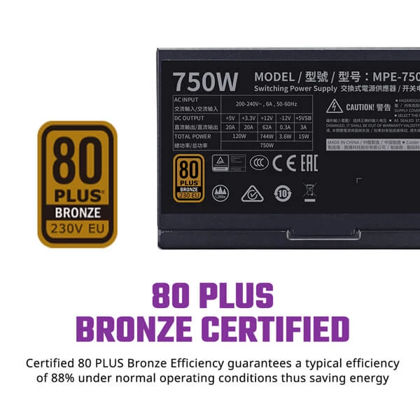 Cooler Master MWE 750 Bronze V2 80 Plus Bronze 750W Non Modular Power Supply MPE-7501-ACABW-BIN