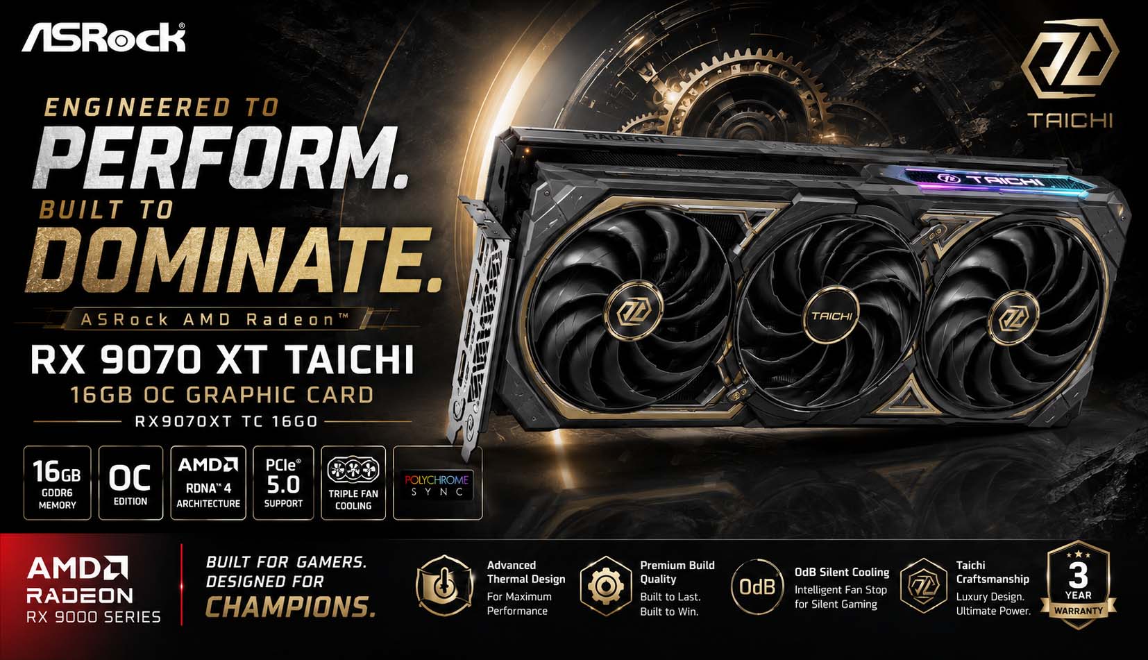 Asrock AMD Radeon RX 9070 XT Taichi 16GB OC Graphic Card RX9070XT TC 16GO