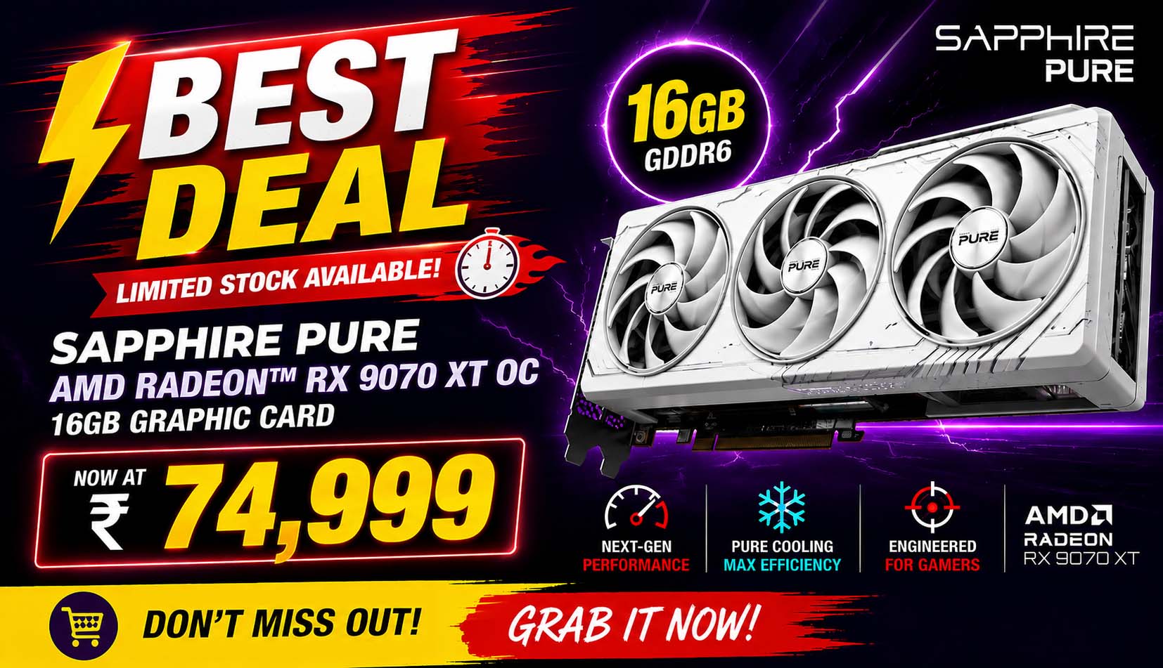 Sapphire Pure AMD Radeon RX 9070 XT OC 16GB Graphic Card 11348-02-20G-2