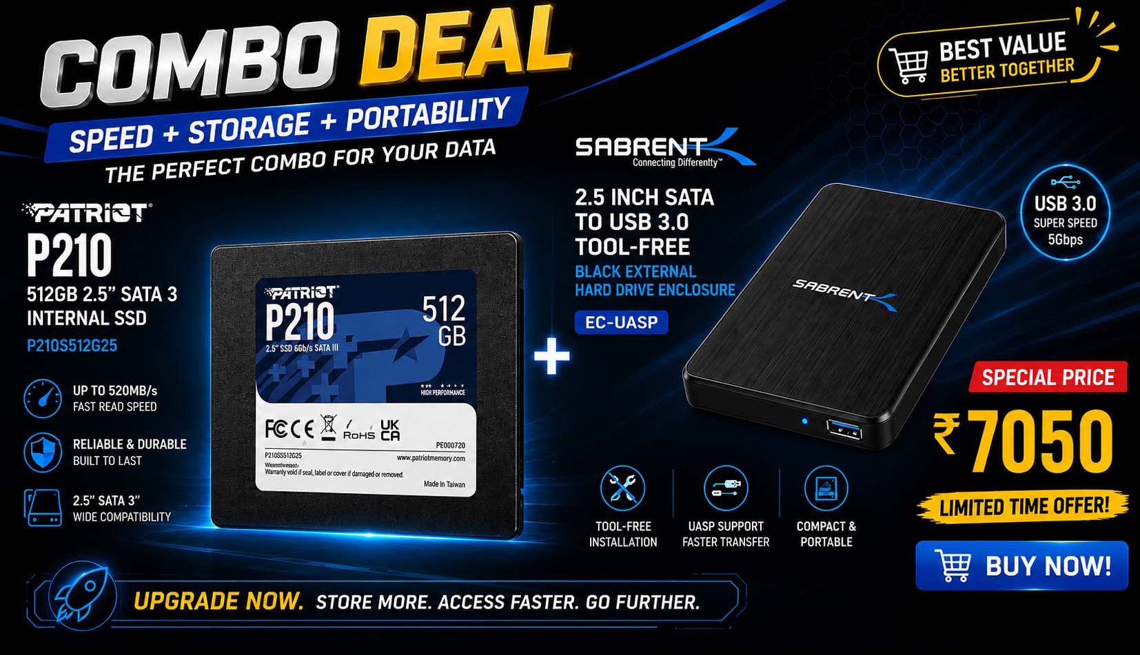 Patriot P210 512GB 2.5 inch SSD with SABRENT 2.5 Inch SATA to USB 3.0 Enclosure